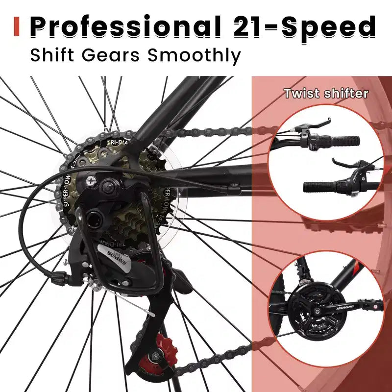 VTT Okak 24 pouces avec cadre en acier au carbone, vélo pour enfants à 21 vitesses avec double frein en V et selle ergonomique, vélo pour les trajets quotidiens et les voyages