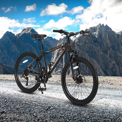 Vélo VTT Okak 24 pouces avec cadre en acier, vélo enfant avec 21 vitesses Shimano, freins à disque double et suspension avant, bicyclette pour adolescents