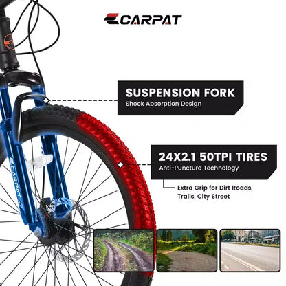 Vélo VTT Okak 24 pouces avec cadre en acier, vélo enfant avec 21 vitesses Shimano, freins à disque double et suspension avant, bicyclette pour adolescents