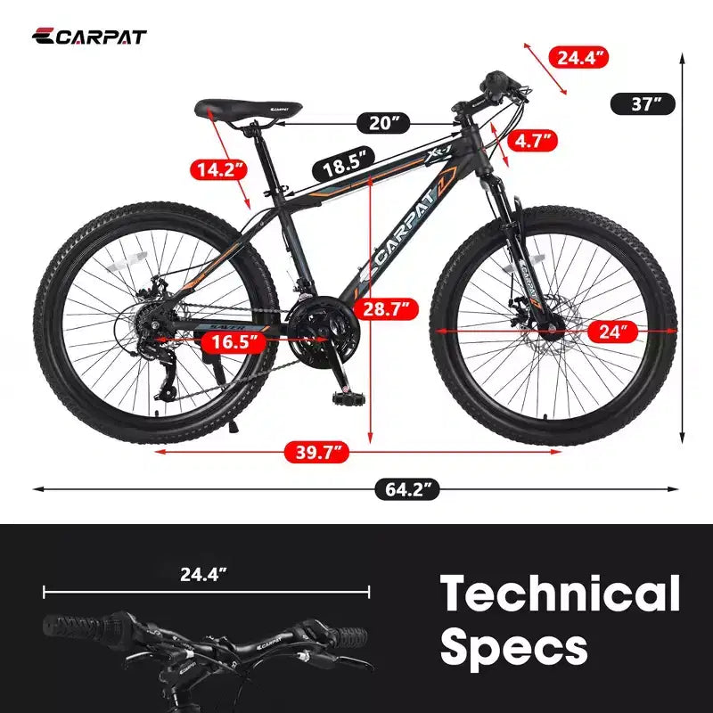 Vélo VTT Okak 24 pouces avec cadre en acier, vélo enfant avec 21 vitesses Shimano, freins à disque double et suspension avant, bicyclette pour adolescents