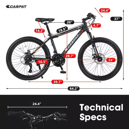 Vélo VTT Okak 24 pouces avec cadre en acier, vélo enfant avec 21 vitesses Shimano, freins à disque double et suspension avant, bicyclette pour adolescents