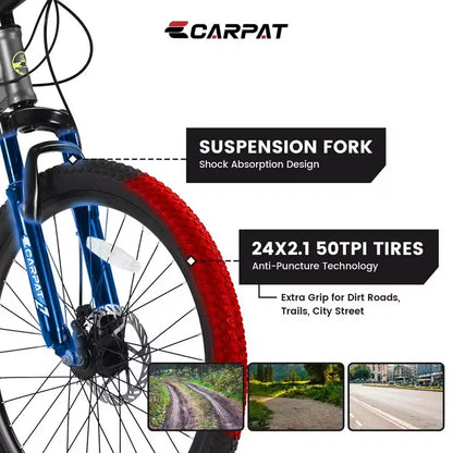 Vélo VTT Okak 24 pouces avec cadre en acier, vélo enfant avec 21 vitesses Shimano, freins à disque double et suspension avant, bicyclette pour adolescents