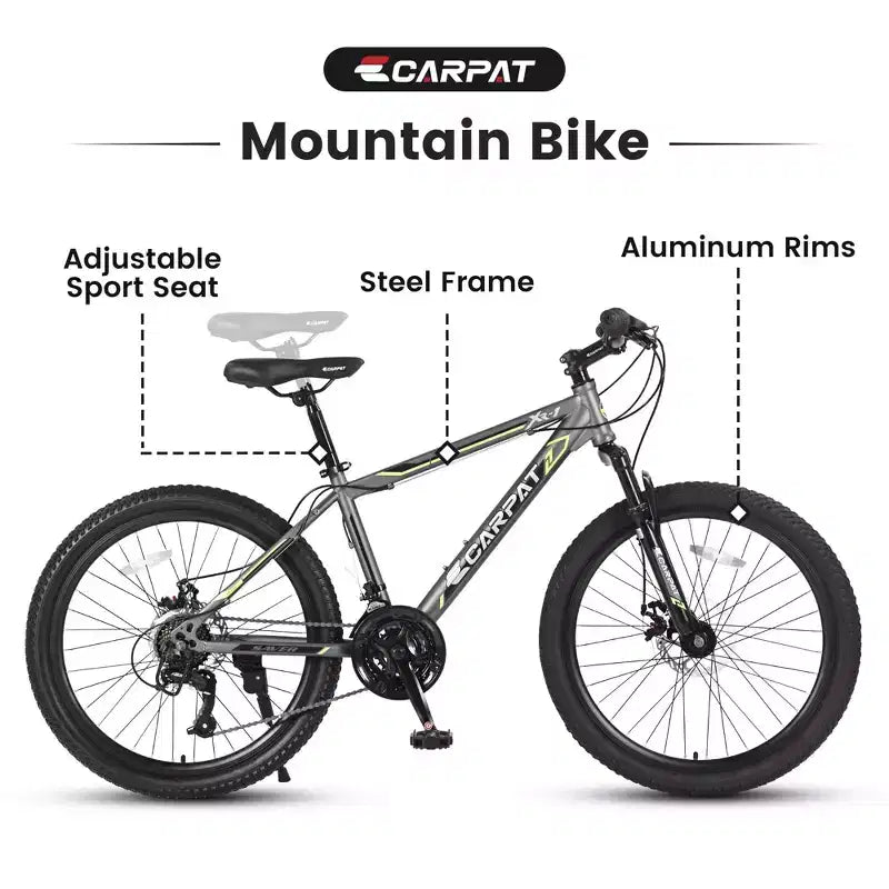 Vélo VTT Okak 24 pouces avec cadre en acier, vélo enfant avec 21 vitesses Shimano, freins à disque double et suspension avant, bicyclette pour adolescents