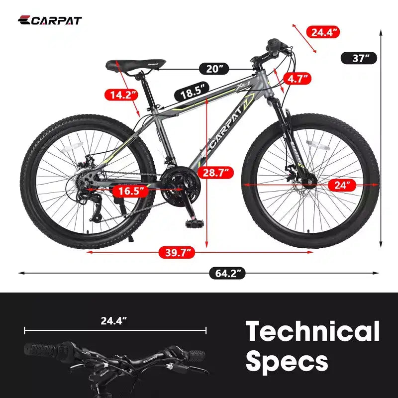 Vélo VTT Okak 24 pouces avec cadre en acier, vélo enfant avec 21 vitesses Shimano, freins à disque double et suspension avant, bicyclette pour adolescents