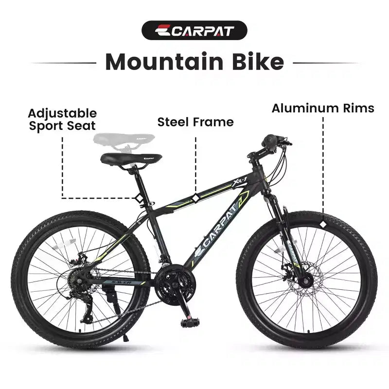 Vélo VTT Okak 24 pouces avec cadre en acier, vélo enfant avec 21 vitesses Shimano, freins à disque double et suspension avant, bicyclette pour adolescents