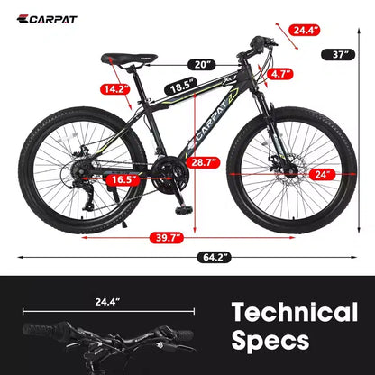 Vélo VTT Okak 24 pouces avec cadre en acier, vélo enfant avec 21 vitesses Shimano, freins à disque double et suspension avant, bicyclette pour adolescents