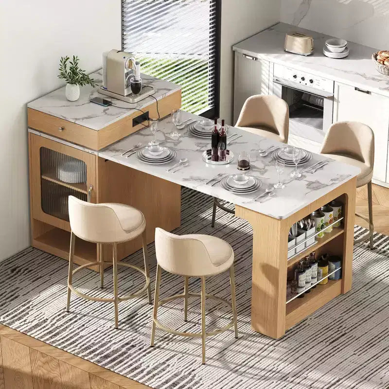 Okak Îlot de cuisine avec table extensible, table d'îlot de cuisine avec rangement double face et prise de courant, chariot de cuisine pour salle à manger