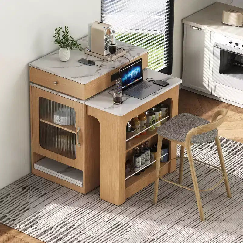 Okak Îlot de cuisine avec table extensible, table d'îlot de cuisine avec rangement double face et prise de courant, chariot de cuisine pour salle à manger