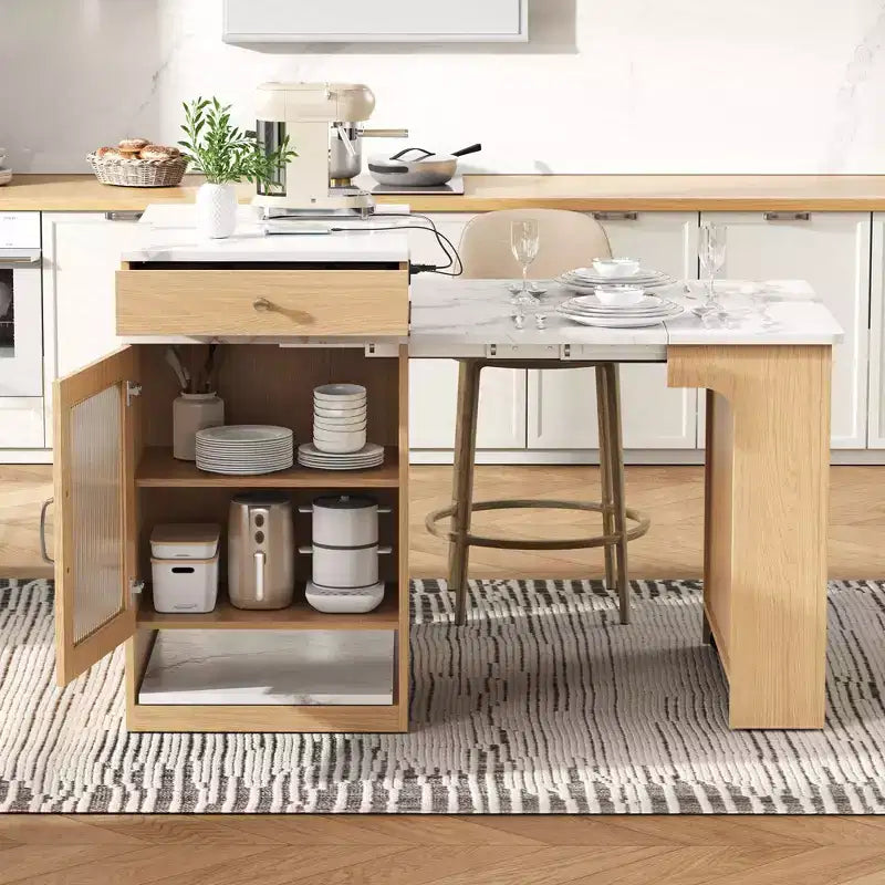 Okak Îlot de cuisine avec table extensible, table d'îlot de cuisine avec rangement double face et prise de courant, chariot de cuisine pour salle à manger