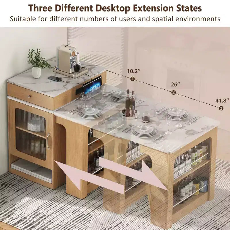 Okak Îlot de cuisine avec table extensible, table d'îlot de cuisine avec rangement double face et prise de courant, chariot de cuisine pour salle à manger