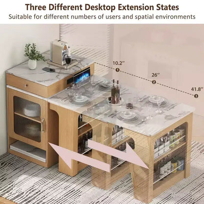 Okak Îlot de cuisine avec table extensible, table d'îlot de cuisine avec rangement double face et prise de courant, chariot de cuisine pour salle à manger