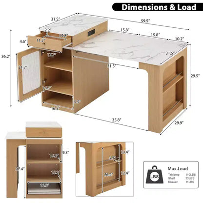 Okak Îlot de cuisine avec table extensible, table d'îlot de cuisine avec rangement double face et prise de courant, chariot de cuisine pour salle à manger