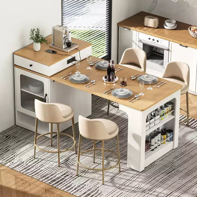 Okak Îlot de cuisine avec table extensible, table d'îlot de cuisine avec rangement double face et prise de courant, chariot de cuisine pour salle à manger