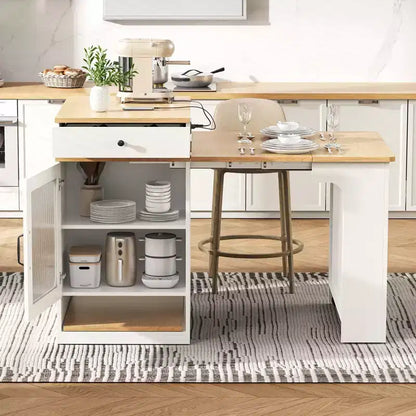 Okak Îlot de cuisine avec table extensible, table d'îlot de cuisine avec rangement double face et prise de courant, chariot de cuisine pour salle à manger