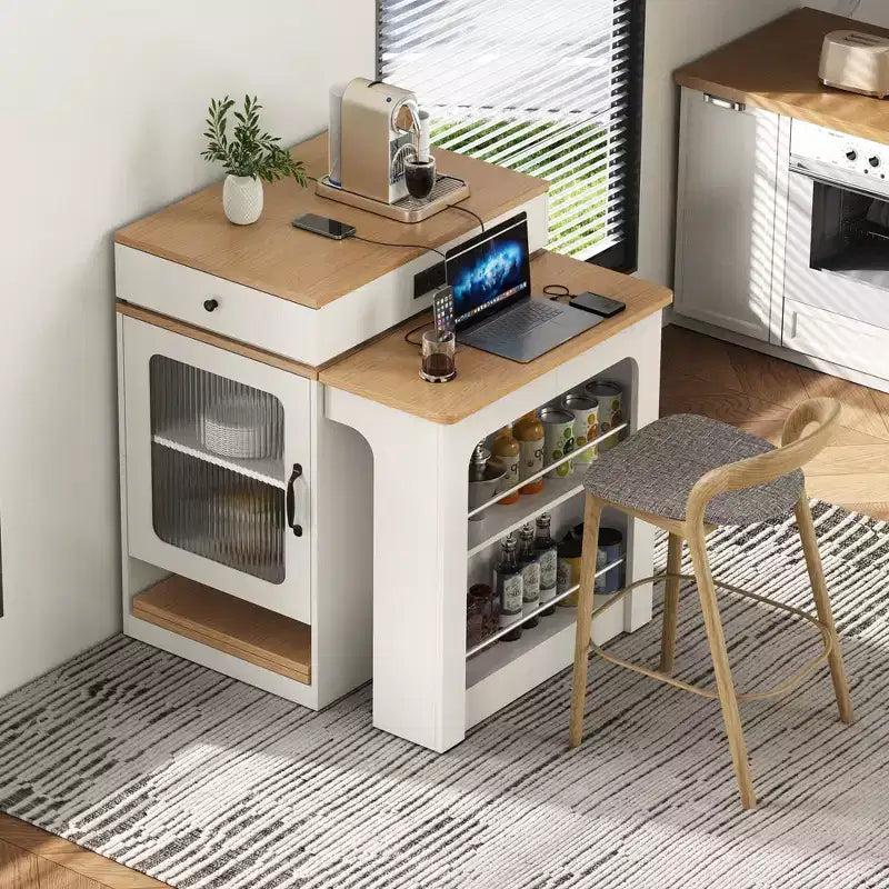 Okak Îlot de cuisine avec table extensible, table d'îlot de cuisine avec rangement double face et prise de courant, chariot de cuisine pour salle à manger