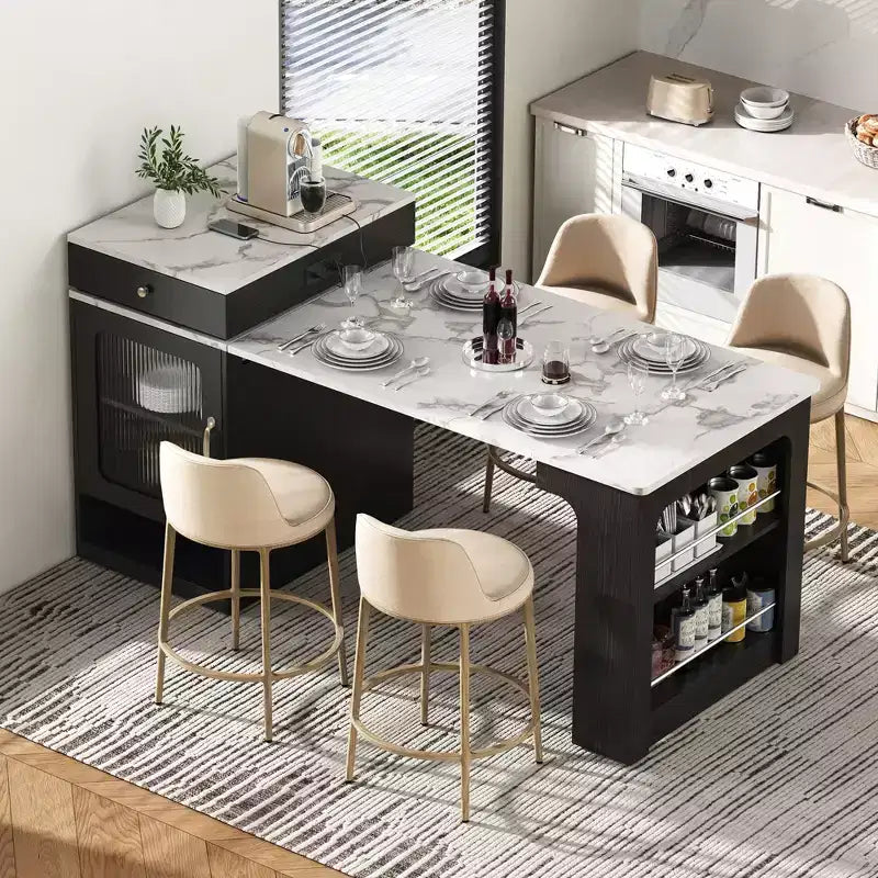 Okak Îlot de cuisine avec table extensible, table d'îlot de cuisine avec rangement double face et prise de courant, chariot de cuisine pour salle à manger