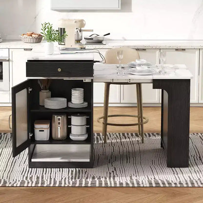 Okak Îlot de cuisine avec table extensible, table d'îlot de cuisine avec rangement double face et prise de courant, chariot de cuisine pour salle à manger