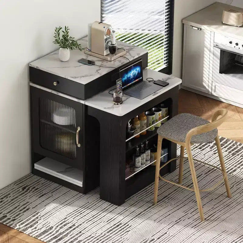 Okak Îlot de cuisine avec table extensible, table d'îlot de cuisine avec rangement double face et prise de courant, chariot de cuisine pour salle à manger
