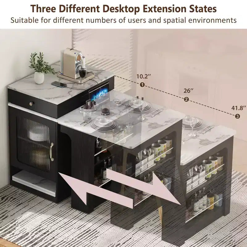 Okak Îlot de cuisine avec table extensible, table d'îlot de cuisine avec rangement double face et prise de courant, chariot de cuisine pour salle à manger