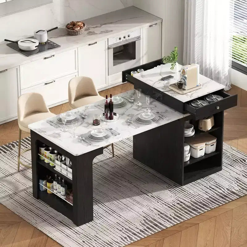 Okak Îlot de cuisine avec table extensible, table d'îlot de cuisine avec rangement double face et prise de courant, chariot de cuisine pour salle à manger