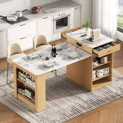 Okak Îlot de cuisine avec table extensible, table d'îlot de cuisine avec rangement double face et prise de courant, chariot de cuisine pour salle à manger