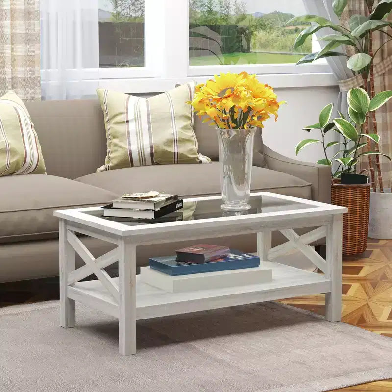 HOMCOM Farmhouse Style Coffee Table with Wood Frame, Tempered Glass Tabletop and Underneath Storage Shelf for Living Room, White Oak