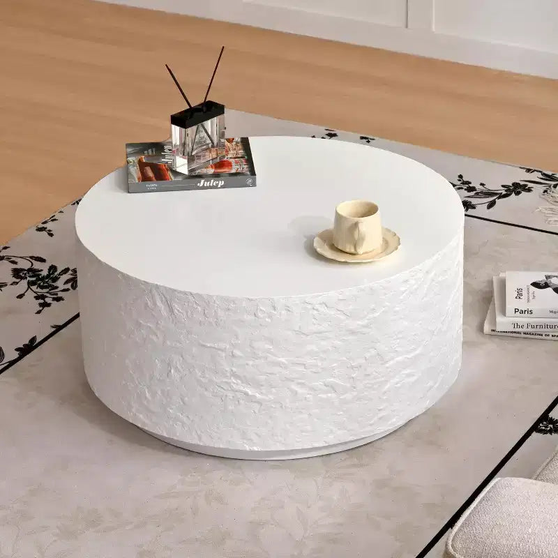 Round Coffee Table Cocktail Table Drum Center Table Sofa Side Table Accent Table with Imitation Stone Design, White, No Assembly Needed - ModernLuxe