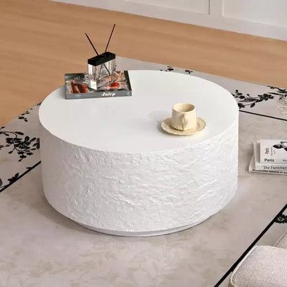Round Coffee Table Cocktail Table Drum Center Table Sofa Side Table Accent Table with Imitation Stone Design, White, No Assembly Needed - ModernLuxe
