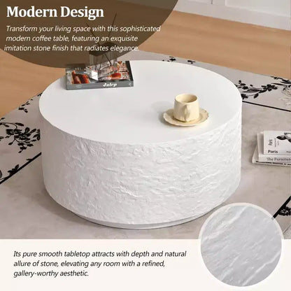 Table Basse Ronde Table Basse Table d'Appoint Canapé Table d'Appoint avec Design Imitation Pierre, Blanc, Aucun Assemblage Requis - ModernLuxe
