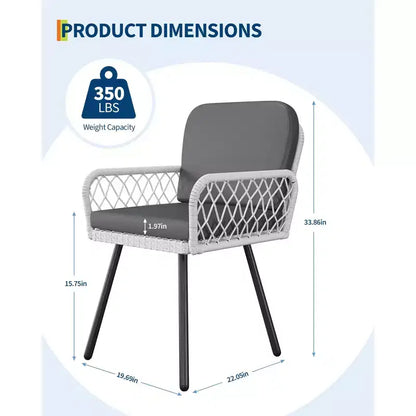 4 PCS Patio Chairs with Black Metal Frame, White Hand-Woven Rattan, and Cushions for Garden, Balcony, Patio, Backyard
