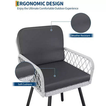 4 PCS Patio Chairs with Black Metal Frame, White Hand-Woven Rattan, and Cushions for Garden, Balcony, Patio, Backyard