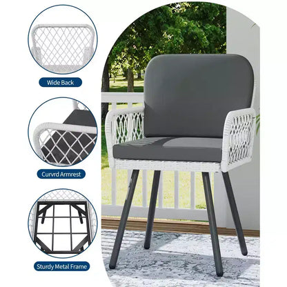 4 PCS Patio Chairs with Black Metal Frame, White Hand-Woven Rattan, and Cushions for Garden, Balcony, Patio, Backyard