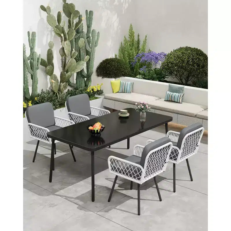 4 PCS Patio Chairs with Black Metal Frame, White Hand-Woven Rattan, and Cushions for Garden, Balcony, Patio, Backyard