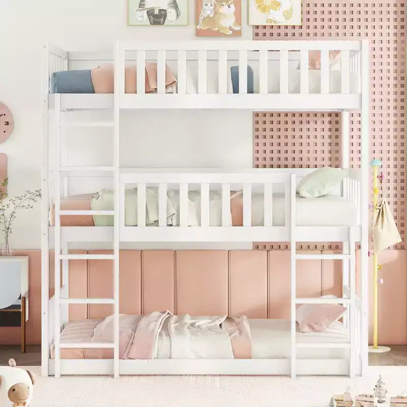 MAYEERTY Twin Size Triple Rubber Wood Bunk Bed with Ladders Guardrails Detachable Bunk Bed for Bedroom White