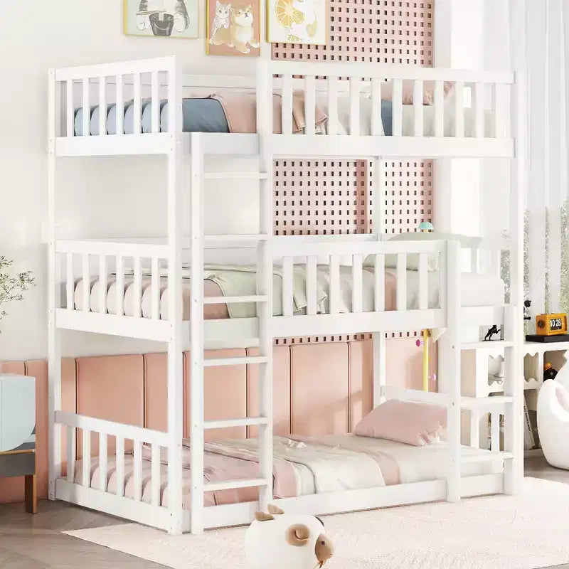 MAYEERTY Twin Size Triple Rubber Wood Bunk Bed with Ladders Guardrails Detachable Bunk Bed for Bedroom White