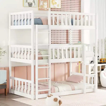 MAYEERTY Twin Size Triple Rubber Wood Bunk Bed with Ladders Guardrails Detachable Bunk Bed for Bedroom White
