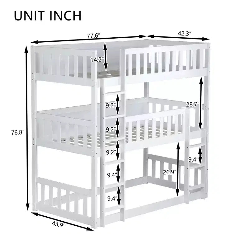 MAYEERTY Twin Size Triple Rubber Wood Bunk Bed with Ladders Guardrails Detachable Bunk Bed for Bedroom White