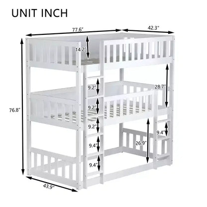 MAYEERTY Twin Size Triple Rubber Wood Bunk Bed with Ladders Guardrails Detachable Bunk Bed for Bedroom White