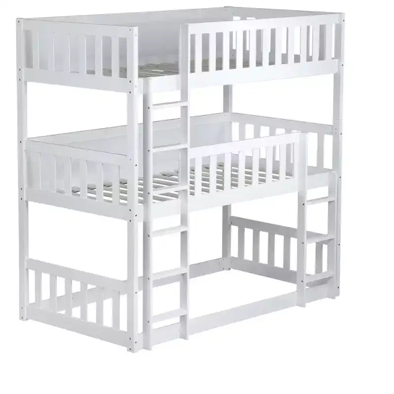 MAYEERTY Twin Size Triple Rubber Wood Bunk Bed with Ladders Guardrails Detachable Bunk Bed for Bedroom White