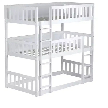 MAYEERTY Twin Size Triple Rubber Wood Bunk Bed with Ladders Guardrails Detachable Bunk Bed for Bedroom White