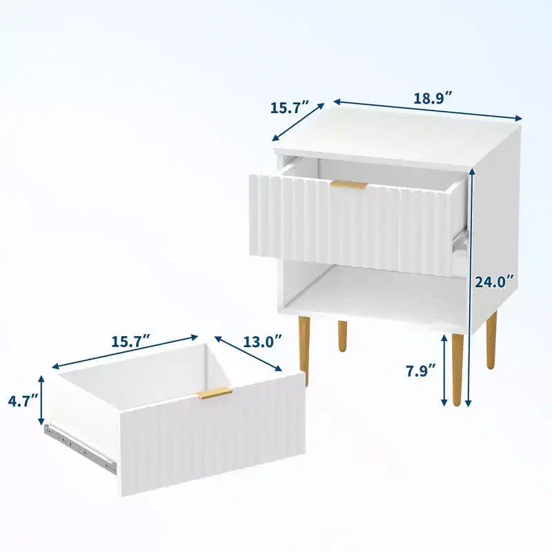 24Modern Fluted Nightstand with Charging Station & 2 Drawers, Gold & Wood Bedside Table with USB Ports & Outlets, for Bedroom, Apartment