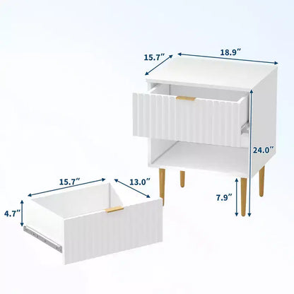 24Modern Fluted Nightstand with Charging Station & 2 Drawers, Gold & Wood Bedside Table with USB Ports & Outlets, for Bedroom, Apartment