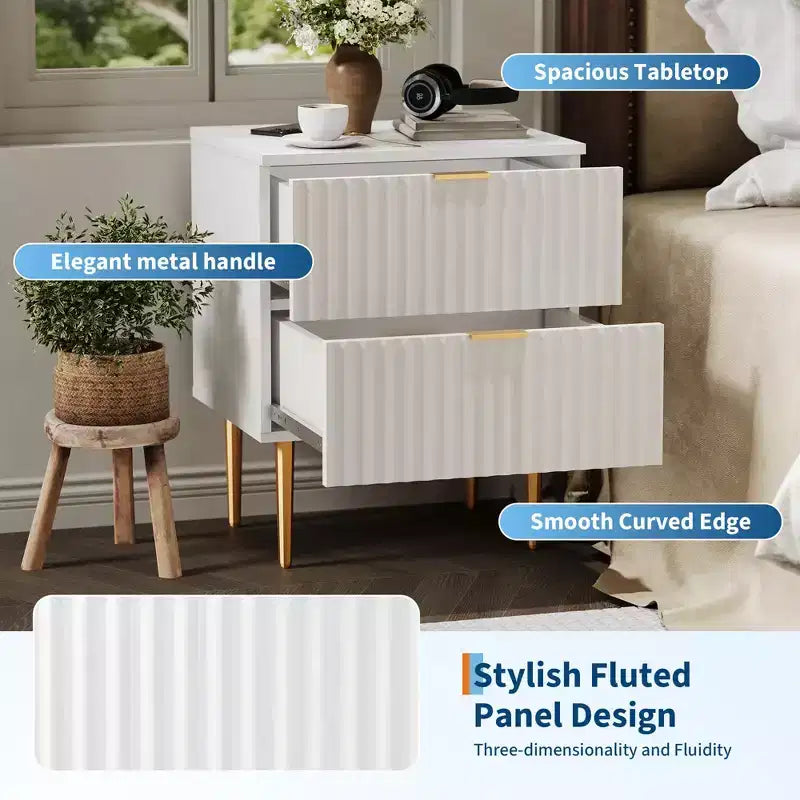 24Modern Fluted Nightstand with Charging Station & 2 Drawers, Gold & Wood Bedside Table with USB Ports & Outlets, for Bedroom, Apartment