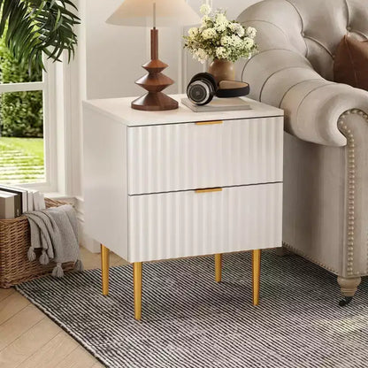24Modern Fluted Nightstand with Charging Station & 2 Drawers, Gold & Wood Bedside Table with USB Ports & Outlets, for Bedroom, Apartment
