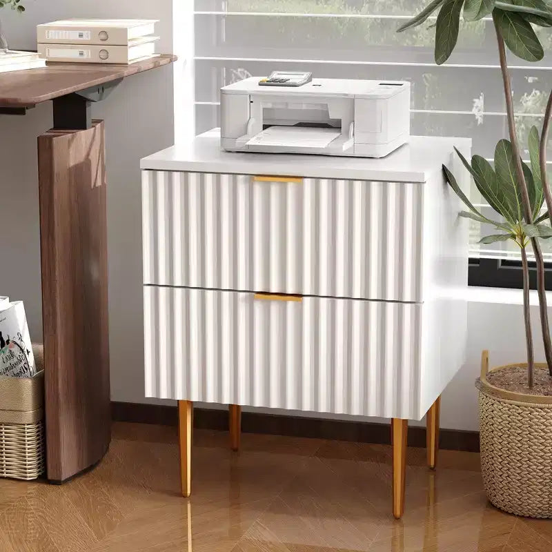 24Modern Fluted Nightstand with Charging Station & 2 Drawers, Gold & Wood Bedside Table with USB Ports & Outlets, for Bedroom, Apartment