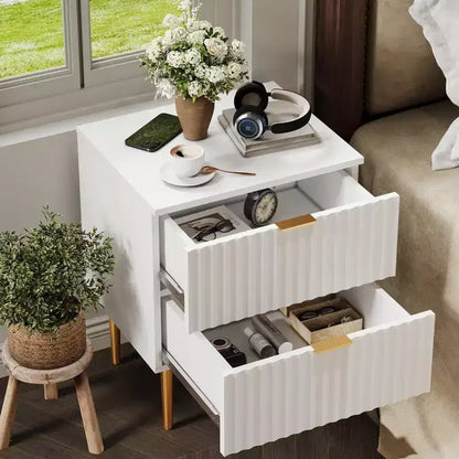 24Modern Fluted Nightstand with Charging Station & 2 Drawers, Gold & Wood Bedside Table with USB Ports & Outlets, for Bedroom, Apartment