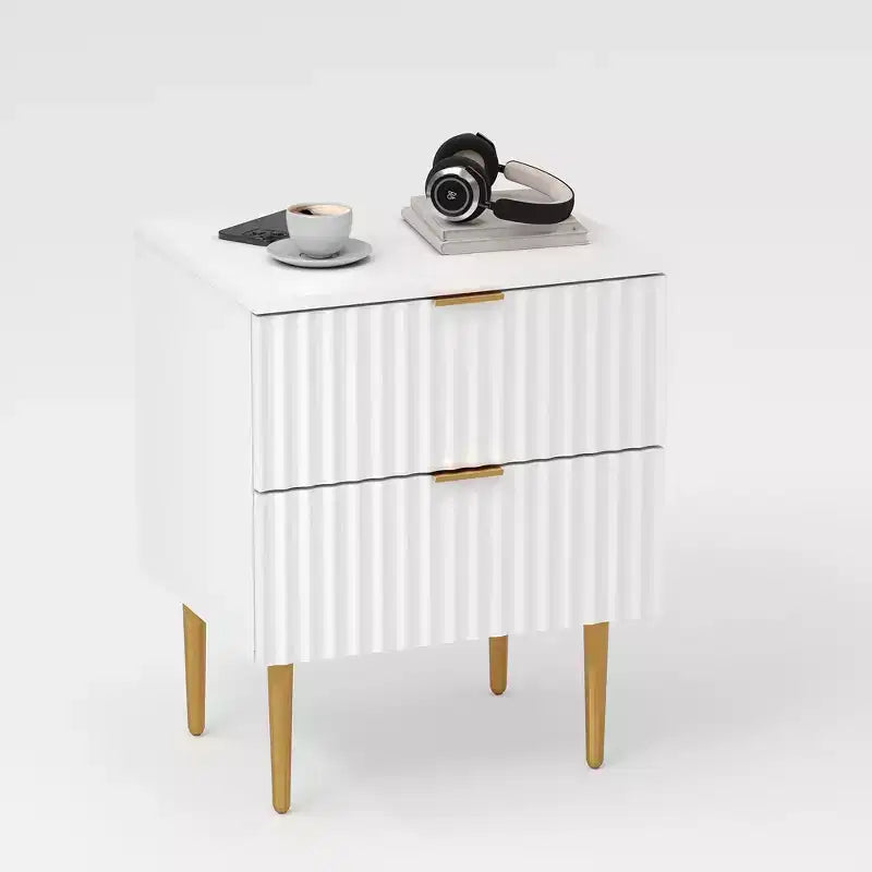 24Modern Fluted Nightstand with Charging Station & 2 Drawers, Gold & Wood Bedside Table with USB Ports & Outlets, for Bedroom, Apartment