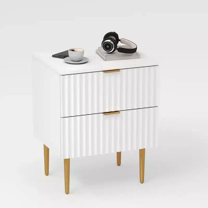 24Modern Fluted Nightstand with Charging Station & 2 Drawers, Gold & Wood Bedside Table with USB Ports & Outlets, for Bedroom, Apartment