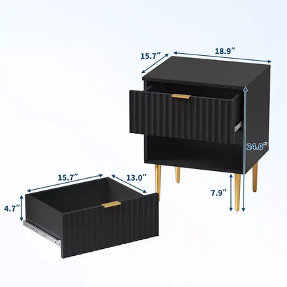 24Modern Fluted Nightstand with Charging Station & 2 Drawers, Gold & Wood Bedside Table with USB Ports & Outlets, for Bedroom, Apartment