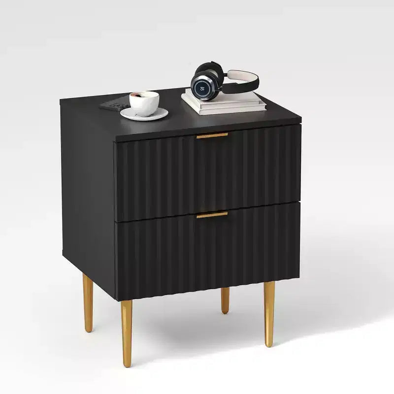 24Modern Fluted Nightstand with Charging Station & 2 Drawers, Gold & Wood Bedside Table with USB Ports & Outlets, for Bedroom, Apartment